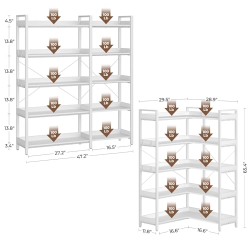 Rolanstar Bookshelf 5 Tier with 4 Hooks, Reversible Corner Bookshelf