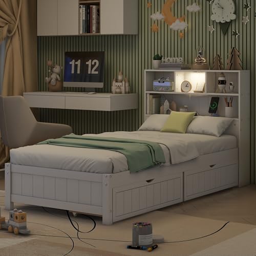 Twin Size Platform Bed with Bookcase Headboard, USB Charging Station and Downlight,Wood Twin Capatain Bed Frames with 2 Storage Drawers