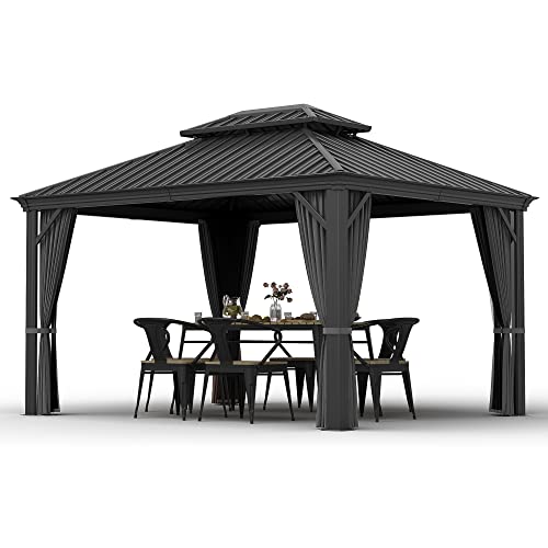 HAPPATIO 10' x 12' Hardtop Gazebo with Netting and Curtains, Double Roof Permanent Patio Metal Gazebo Canopy for Patio, Deck, Backyard （Gray）