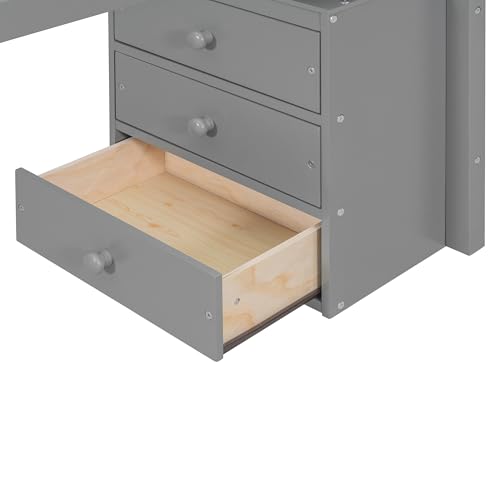 Modern Full Size Gaming Loft Bed with Built-in Desk and Storage Wardrobe, Wood Loft Bed Frame with Light Strip and 2 Drawers