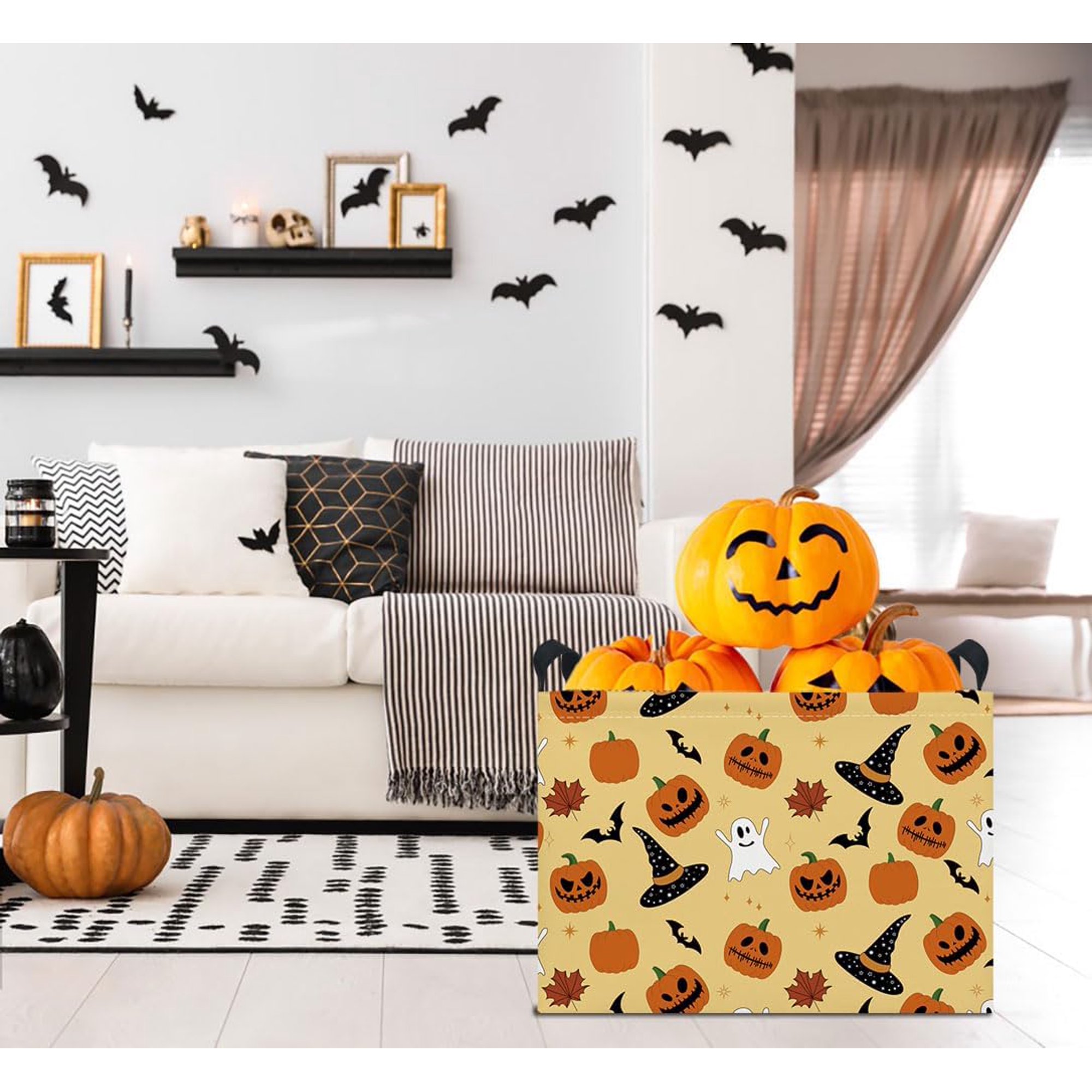 Rectangle Storage Basket with Handles,Collapsible Storage Bin,Books Box,Gift Basket(Pumpkin Halloween)