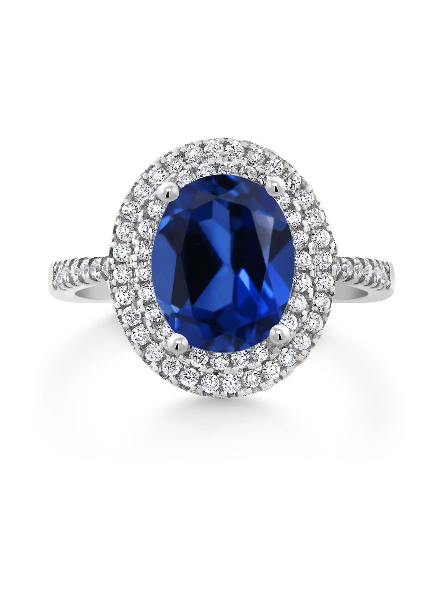 Gem Stone King 925 Sterling Silver Blue Created Sapphire and White Moissanite Women Halo Engagement Ring (2.73 Cttw, Oval 9X7MM, Available In Size 5