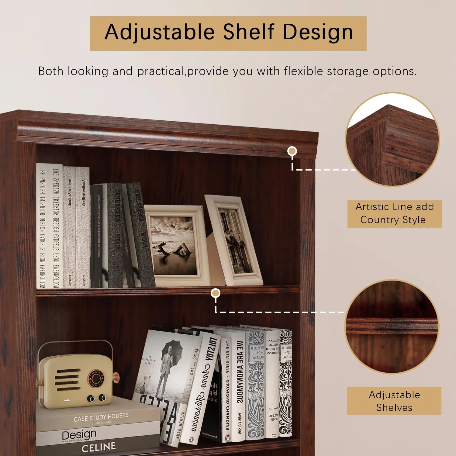ENSTVER Wooden 5-Shelf Bookcase with Adjustable Shelves, Cherry