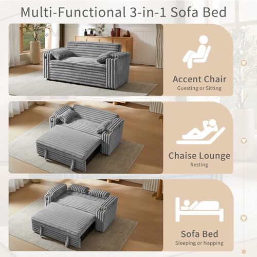 68.11" Corduroy Sleeper Chair Bed with USB Port, Cup Holders & Side Storage Pockets – 3-in-1 Foldable Sofa Bed for Guest Room, Living Room – White
