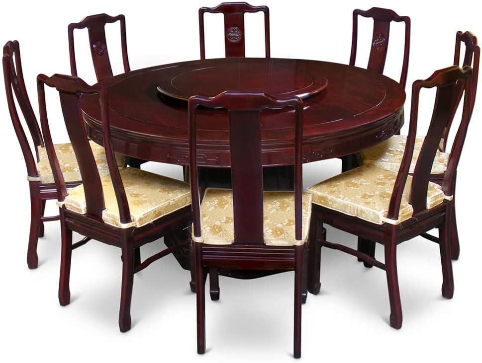 ChinaFurnitureOnline Rosewood Asian Dining Table 8 Chairs, 60 Inch Round Longevity Dark Cherry