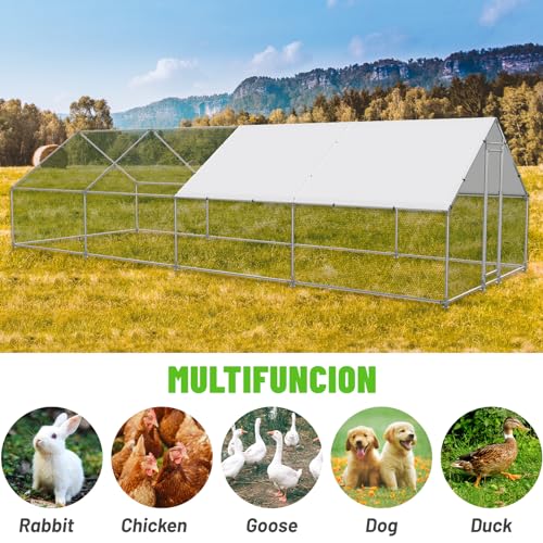 Large Metal Chicken Coop Walk-in Poultry Cage with Water-Resident and Anti-UV Cover Duck Rabbit Cat House Outdoor Chicken Run Pen with Spire Shaped