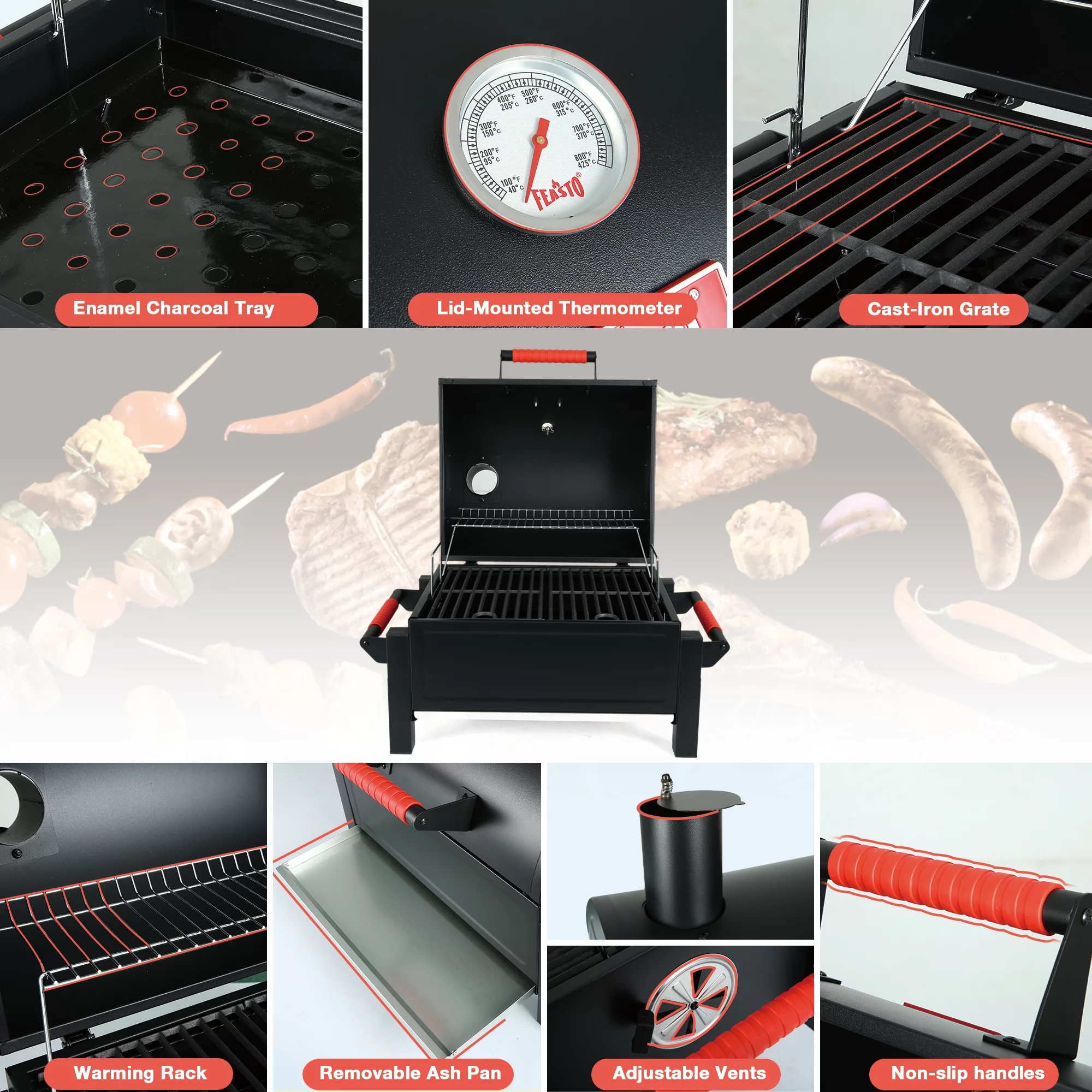Feasto Portable Charcoal Grill Tabletop Grill with Cast Iron Grates and 354 Square in Cooking Area