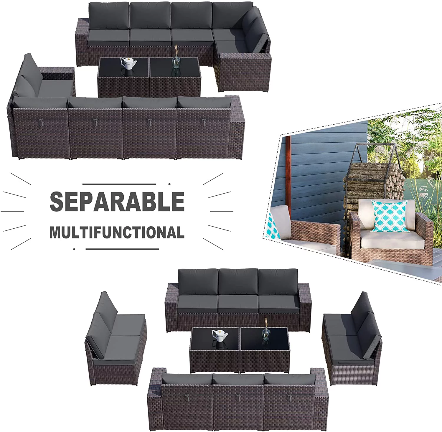 Popular Outdoor Patio Furniture Set 6 Pieces Sectional Rattan Sofa Set Brown PE Rattan Wicker Patio Conversation Set with 5 Navy Blue Seat Cushions
