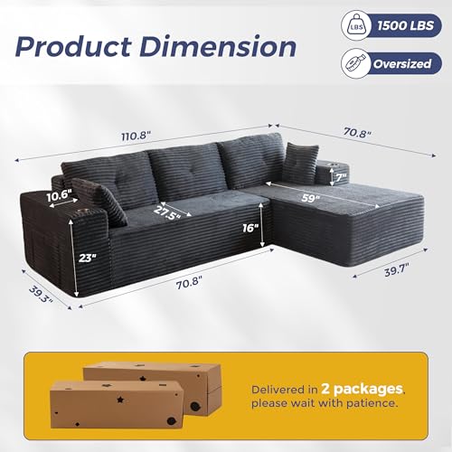 MAXYOYO 110" Modular Sectional Couch with L-Shape Chaise, Modern Boneless Couch for Living Room, Sofa in A Box, Oversized Sofa Sleeper with Deep Seat