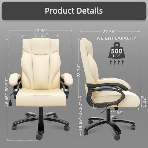 500LBS Big and Tall Executive Office Chair, Wide Seat Heavy Duty Leather Office Chair with Lumbar Support and Comfy Arms
