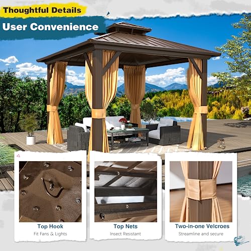 MELLCOM 10'x13' Hardtop Gazebo with Polycarbonate Double Roof, Aluminum Frame Outdoor Gazebo Permanent Pavilion with Curtains and Netting for Patio