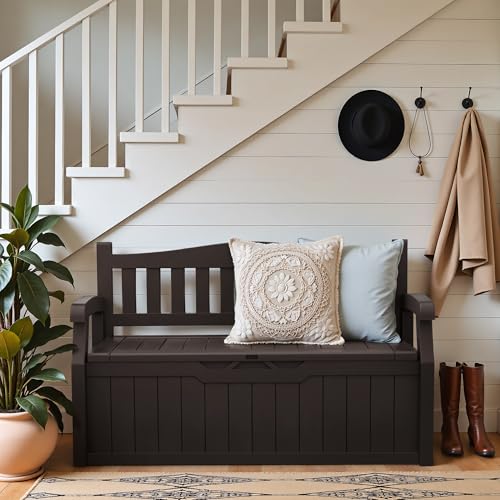 Greesum 80 Gallon Outdoor Storage Bench, Resin Patio Furniture with Armrest,Waterproof and UV-Resistant, Perfect to Garden, Poolside and Lawn
