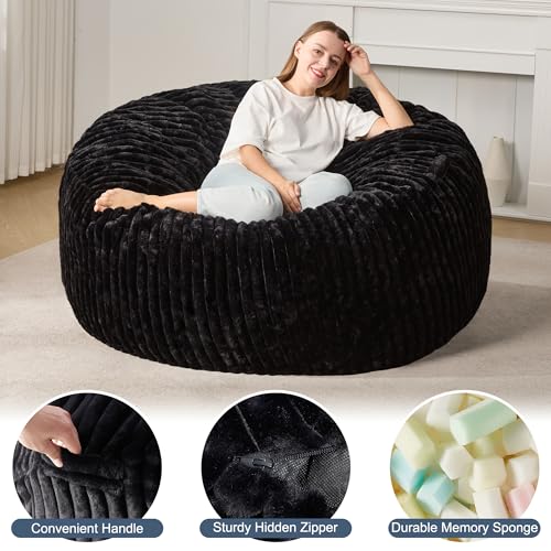 Hobestluk 5ft Bean Bag Chairs for Adults Large Beanbag Chair with Stripe Plush Cover Big Bean Bag Chair for Living Room Bedroom Dorm Office -Black