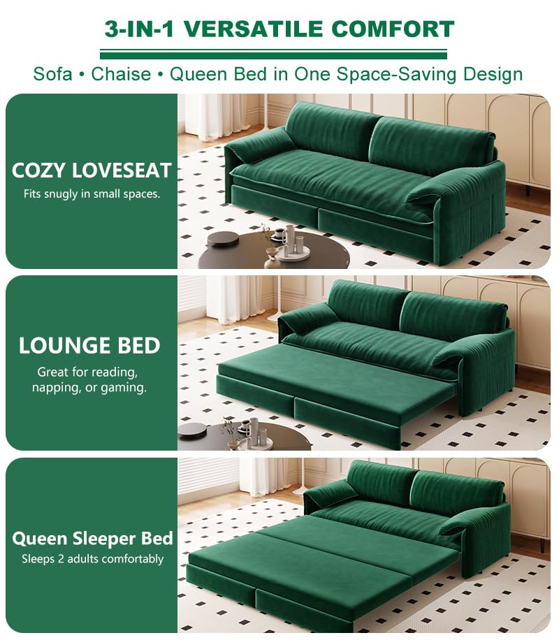 70.1" Futon Sofa Bed Queen Size, Pull Out Bed, 3-in-1 Convertible Sleeper Sofa with 2 Soft Pillows, Modern Velvet Futon Couch for Living Room