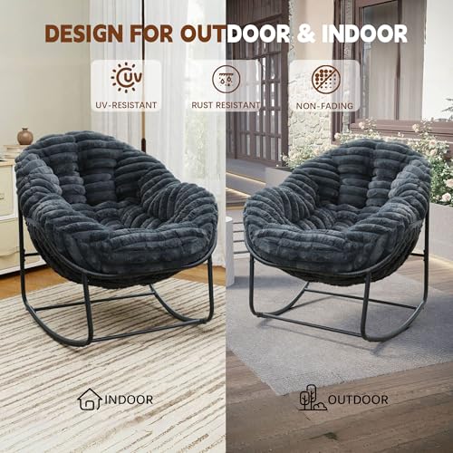 Outdoor Indoor Rocking Chair, Patio Wicker Egg Chair, Indoor & Outdoor Comfy Oversized Papasan Chair with Padded Cushion