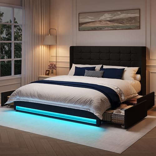 Queen Size LED Bed Frame with 4 Storage Drawers and Tufted Headboard Velvet Upholstered Platform Bed Frame Wingback Beds with Heavy Duty Wood Slats