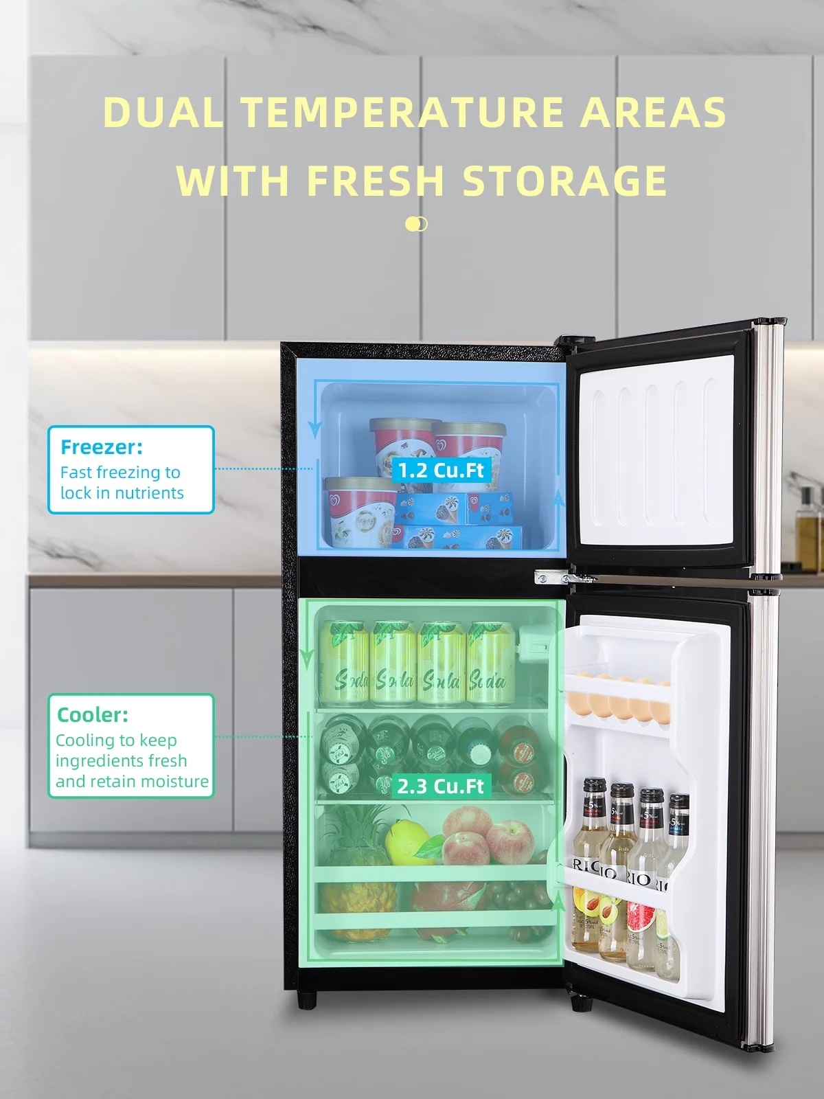 KRIB BLING 3.5 Cu.ft Mini Fridge with 7 Level Thermostat, Compact Refrigerator with Freezer on Top, Ideal for Dorm, Office, Black