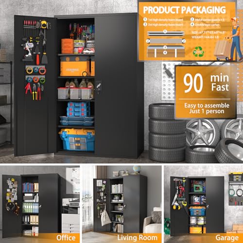 Upgraded Tall & Wide Metal Storage Cabinet with Doors & 4 Adjustable Shelves | Heavy-Duty Black Lockable Garage Cabinet with Wheels & Pegboard for