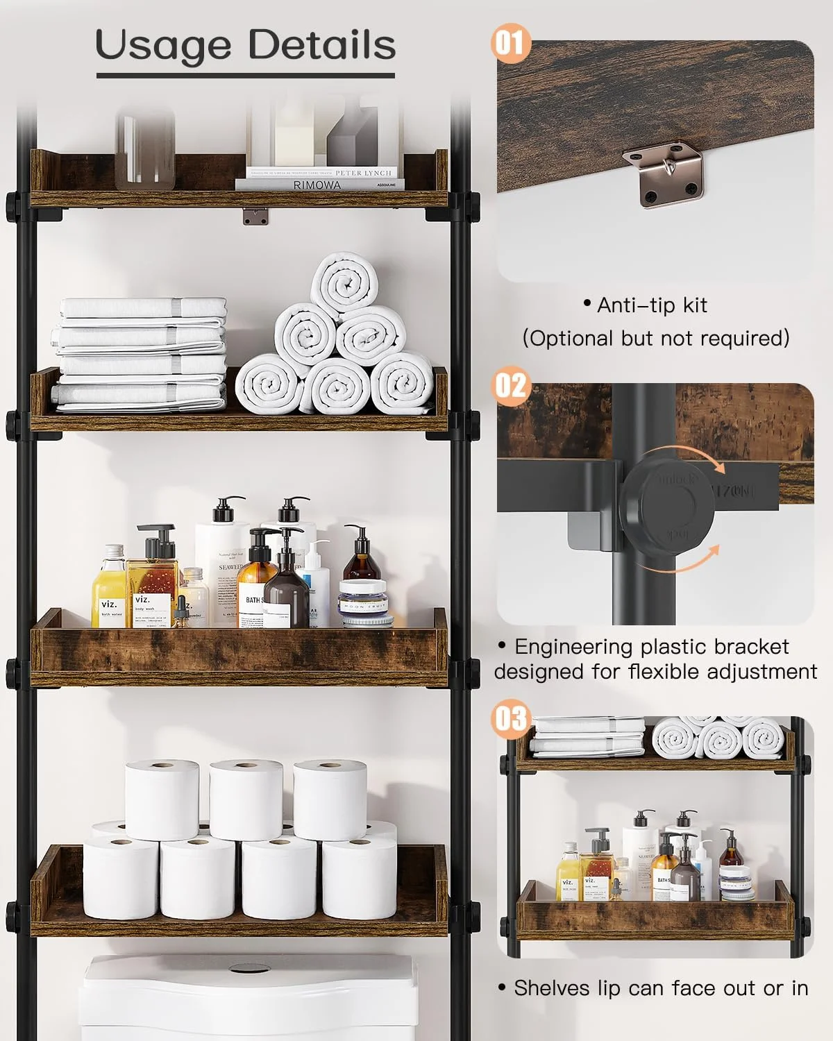 FJU Bathroom Organizer, Over The Toilet Storage, 4-Tier Adjustable Wood Shelves for Small Rooms, Saver Space Rack, 92 to 116 Inch Tall