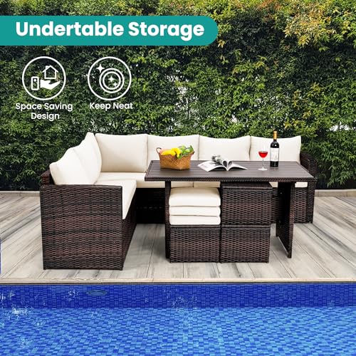 Patio Furniture Set, 7 Pieces Outdoor Patio Furniture with Dining Table&Chair, All Weather Wicker Conversation Set with Ottoman