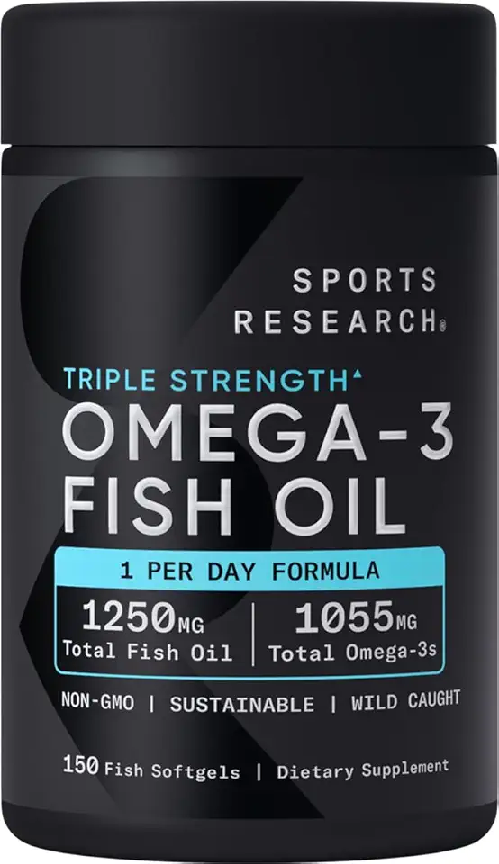 Sports Research Triple Strength Omega 3 Fish Oil - Burpless Fish Oil Supplement w/EPA & DHA Fatty Acids from Wild Caught Fish - Heart