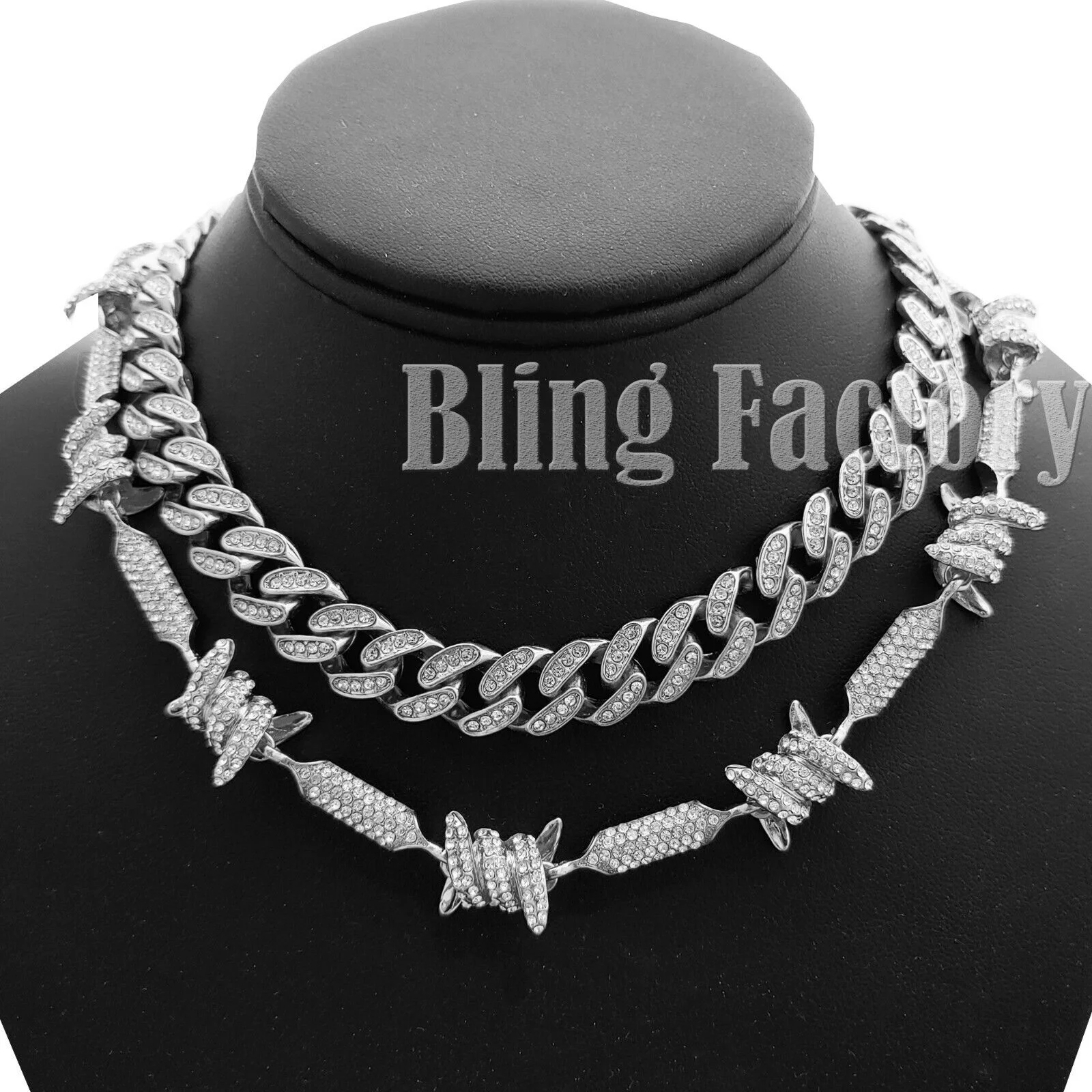 Hip Hop Silver PT Bling Full Iced 18" Cuban & Barbed Wire Choker Chain Necklace