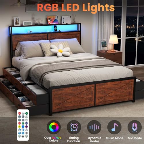 Full Size Bed Frame with Headboard, LED Platform Bed with 4 Storage Drawers, Built in Charging Station, Noise-Free, Metal Support Base