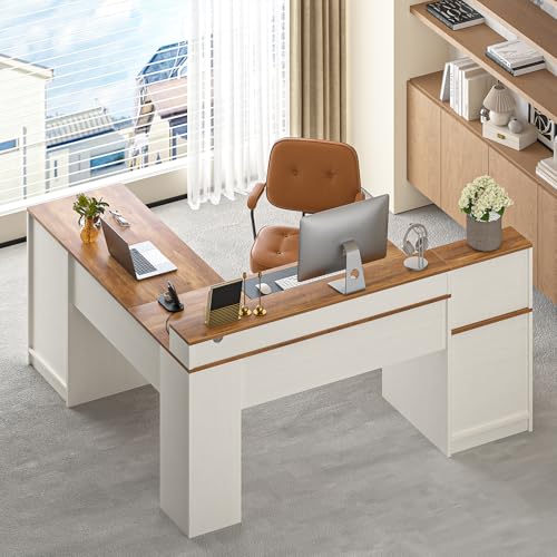 63" Farmhouse L Shaped Executive Desk with Drawers & Storage Shelf, Corner Computer Desk with Power Outlets, L Shaped Office Desk with Monitor Stand