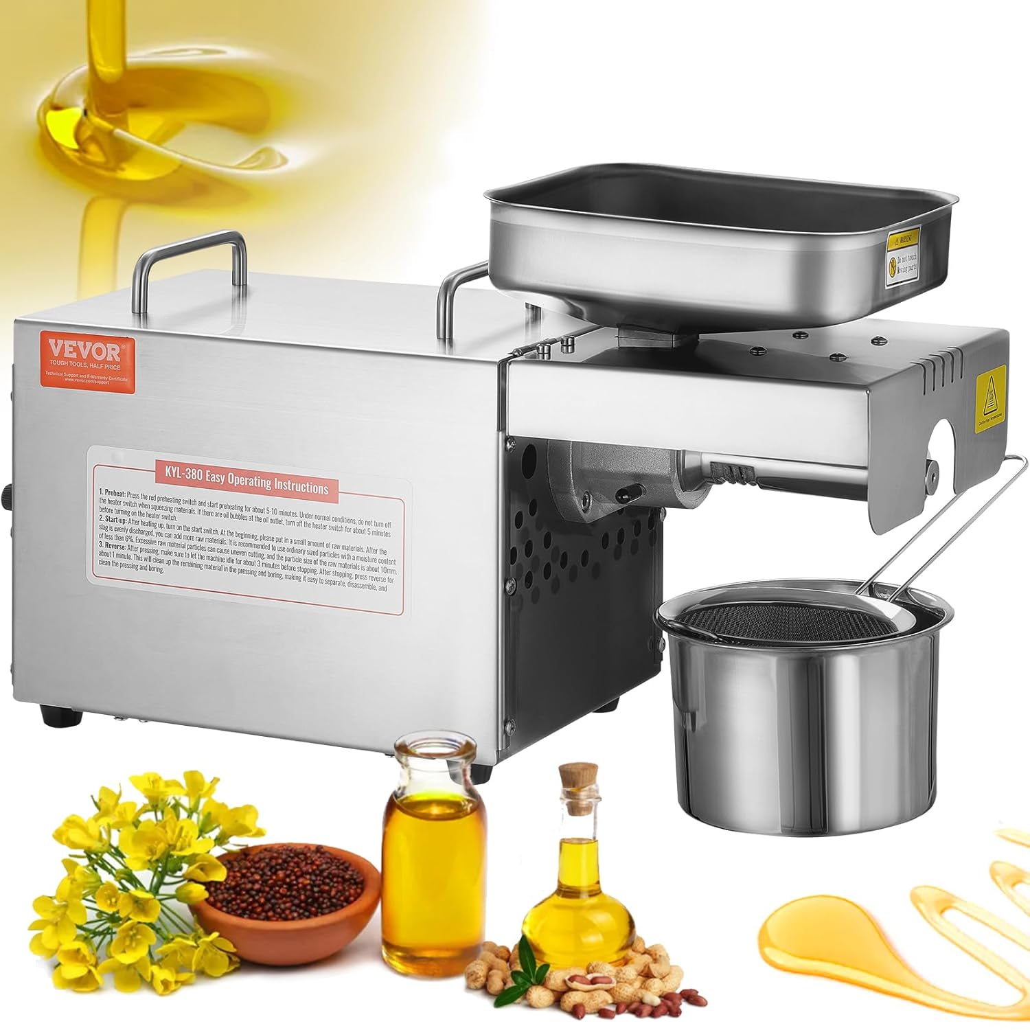 VEVOR Electric Oil Press Machine, 700W Stainless Steel Oil Extractor Machine, 140℃ / 284℉ Constant Temperature
