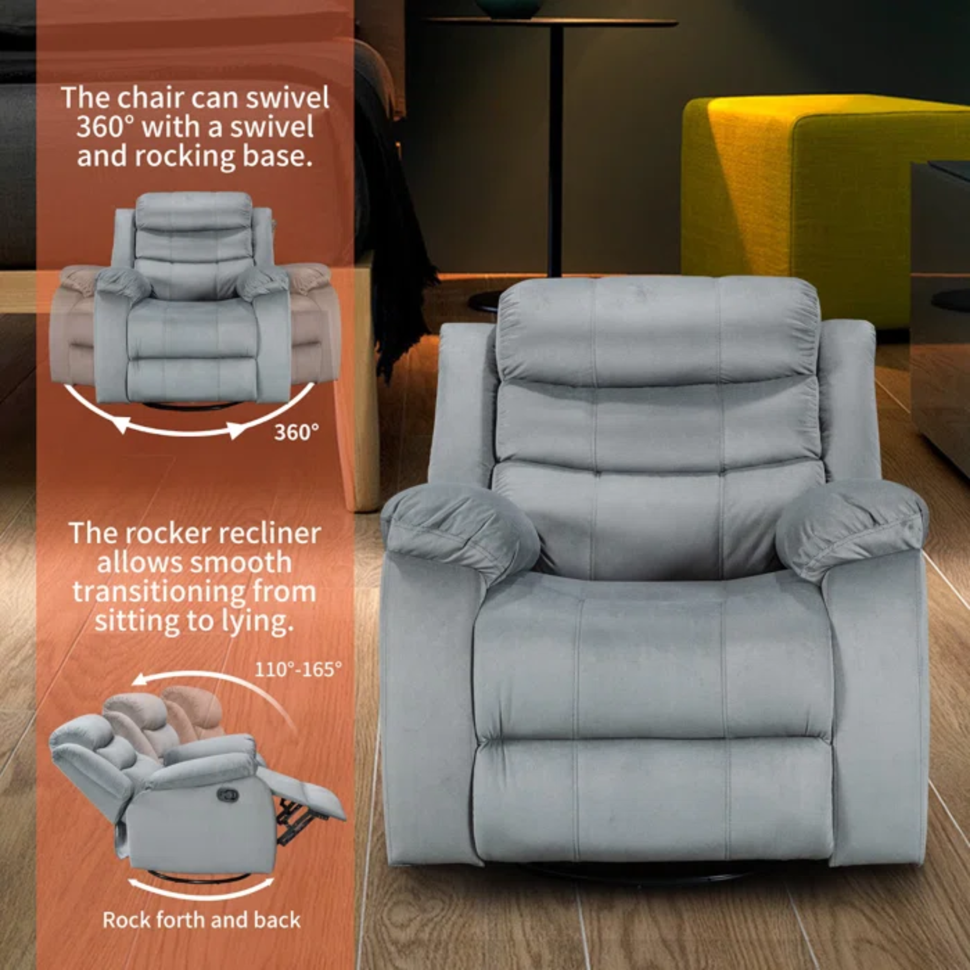 Recliner Rocking Chair With 360 Degree Swivel Ergonomic Lounge Rock Chair Classic Single Sofa Living Room Chair Home Theater Seat in Gray Valvet Color