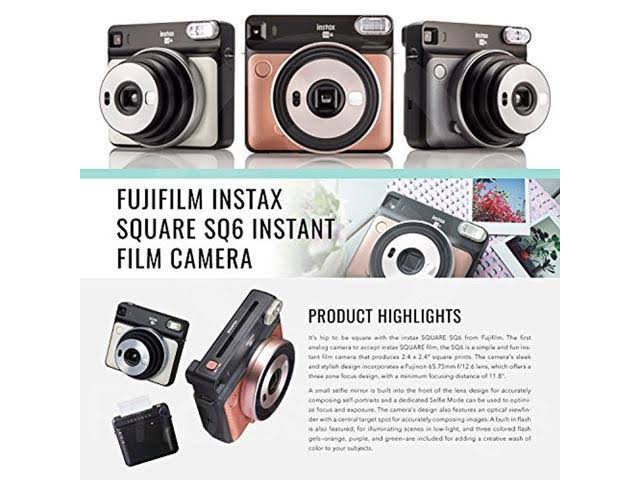 Fujifilm Instax Square SQ6 Instant Film Camera (Blush Gold) + 20 Sheets Instant Square Film + Xpix Camera Strap + Fibertique Clo