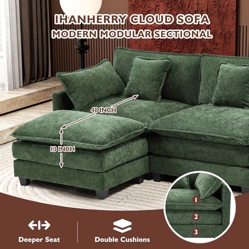 Ihanherry 111.4" U Shaped Modern Cloud Sofa Modular Sectional Couch with 2 Ottoman, 5-Seat Chenille Deep Seat Sofa with Pillow for Living Room