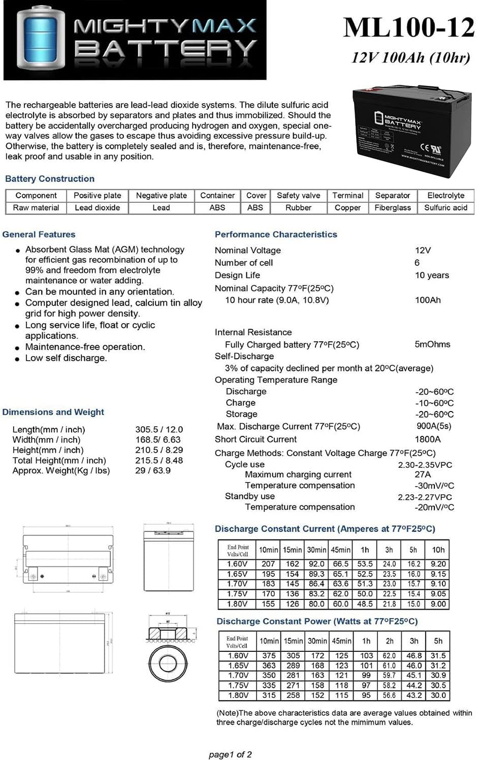 Mighty Max Battery 12V 100Ah SLA AGM Battery for Off Grid Solar Panels