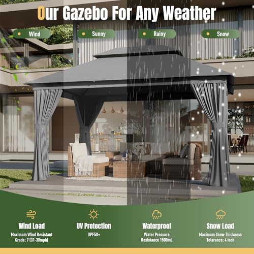 AOXUN Outdoor Gazebo for Patio 10x12, Metal Frame Canopy with Double Roofs