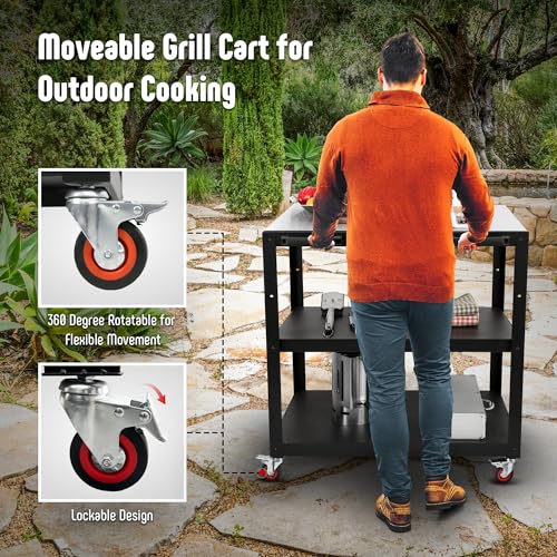 35” Outdoor Grill Cart with Sink, Outdoor Kitchen Sink Station with Hose Hook Up, Free Standing Sink with Wheels
