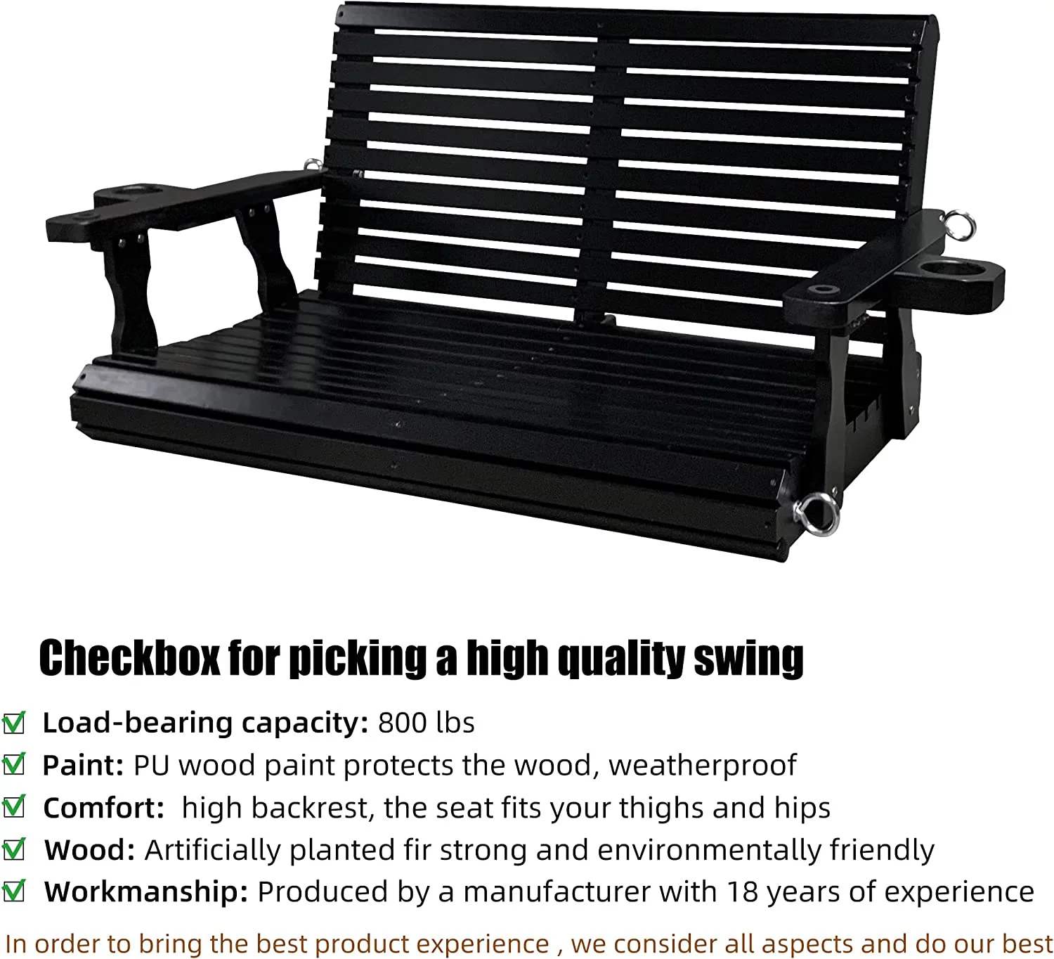 Wooden Porch Swing 2-Seater, Bench Swing with Cupholders for Outdoor Patio Garden Yard, 4 ft Black
