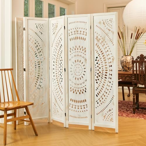 Room Divider Wood Carved Wall Divider Indoor Folding Bohemian Style Portable Partition Screen for Home Office Garden Terrace - 6 Panels (Antique