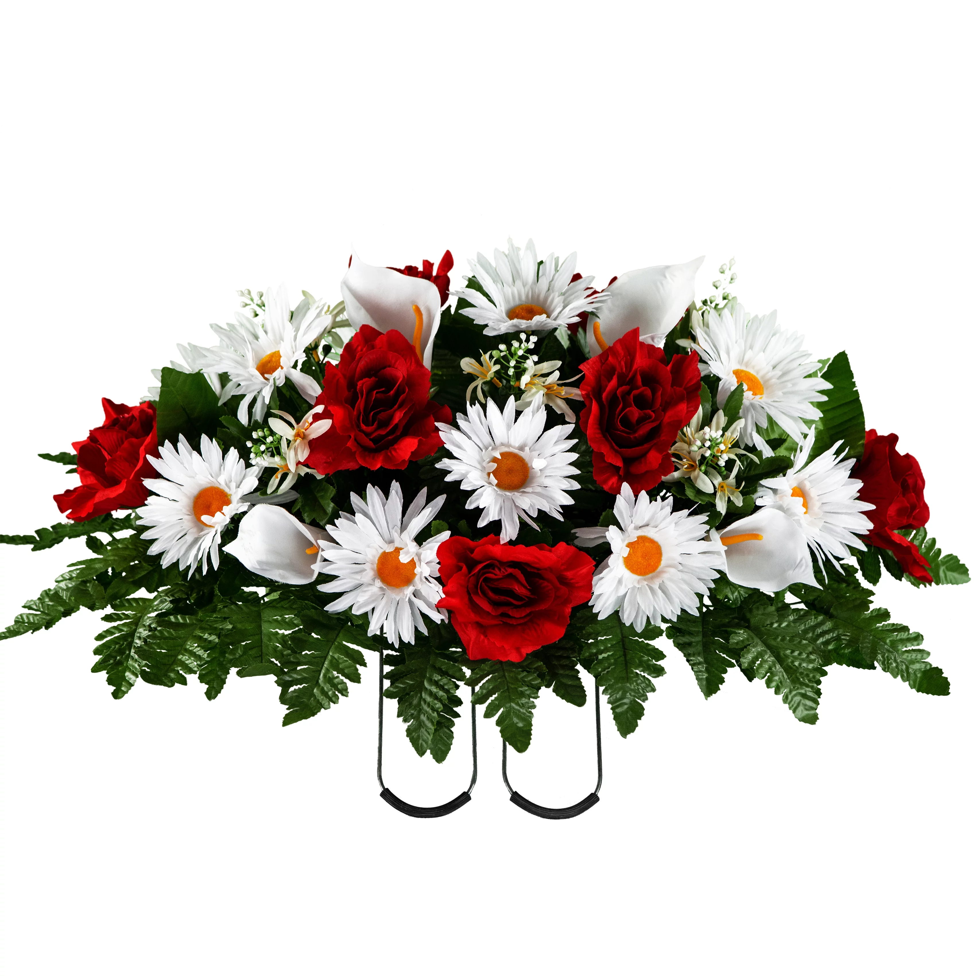 Sympathy Silks Artificial Cemetery Flowers 30" White Calla Lily/Daisy & Red Rose cemetery saddle