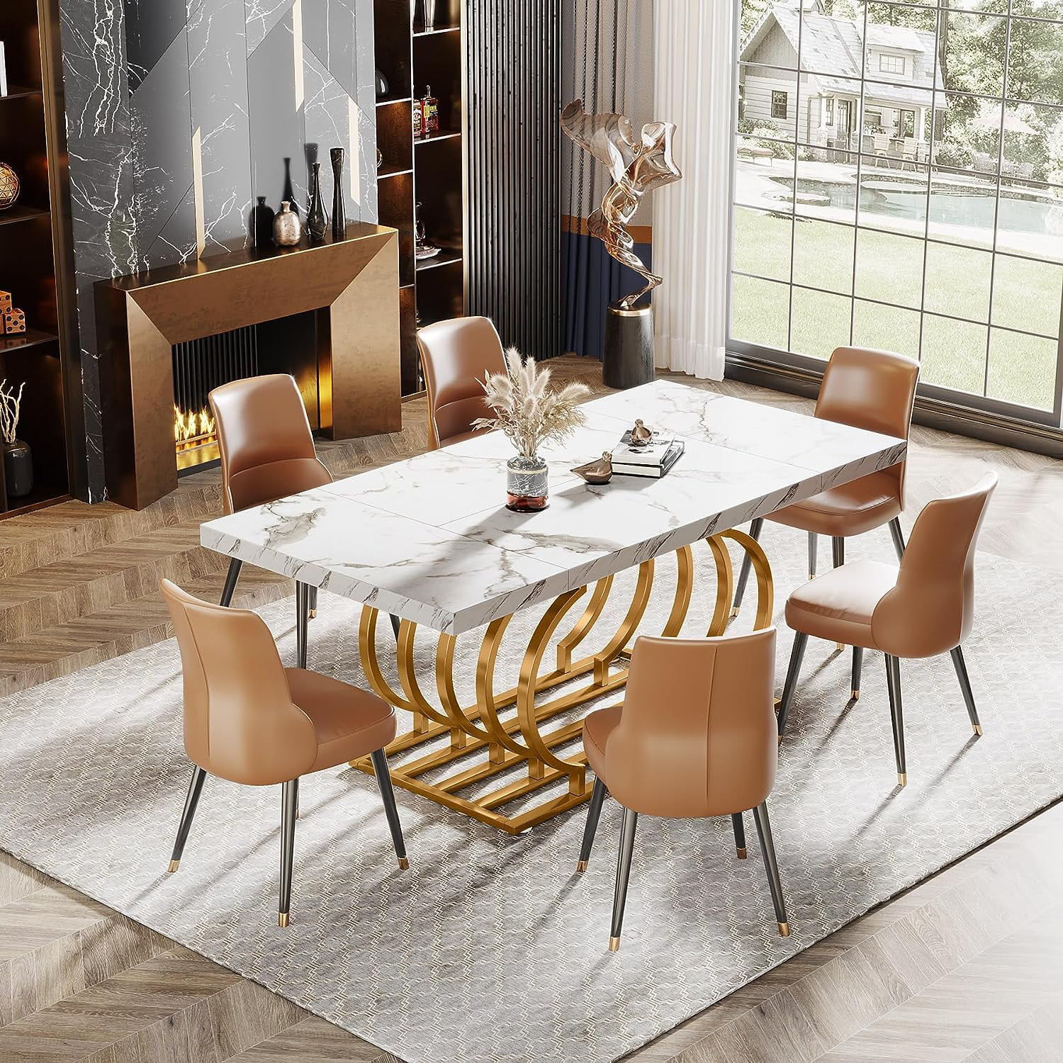 Tribesigns 63 inch Gold Dining Table, Rectangular Elegant Dinner Room Table Kitchen Table for 6-8 People Seats,Living Room, White & Gold
