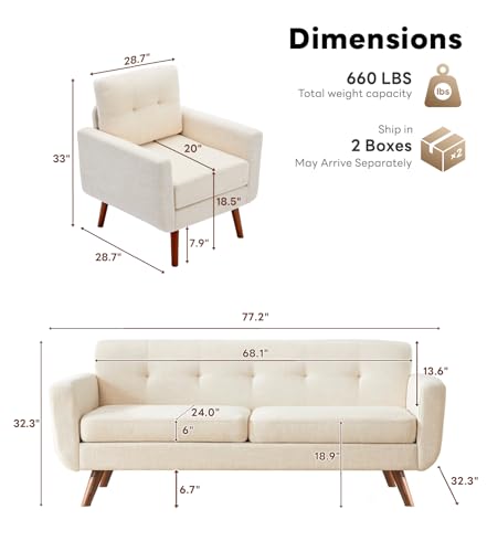 Tbfit L Shaped Couch Sofa, 80" W Mid-Century Modern Sectional Couches, 3 Seater Sofas with Wide Chaise Lounge & Two Pillows