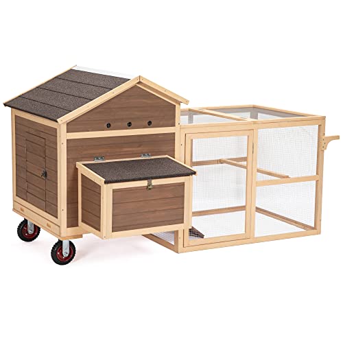 Chicken Coop, Mobile Hen House with Removable Bottom and Wheels &Handrails,Mobile Rabbit Hutch Indoor Outdoor, Easy Cleaning& Assemble