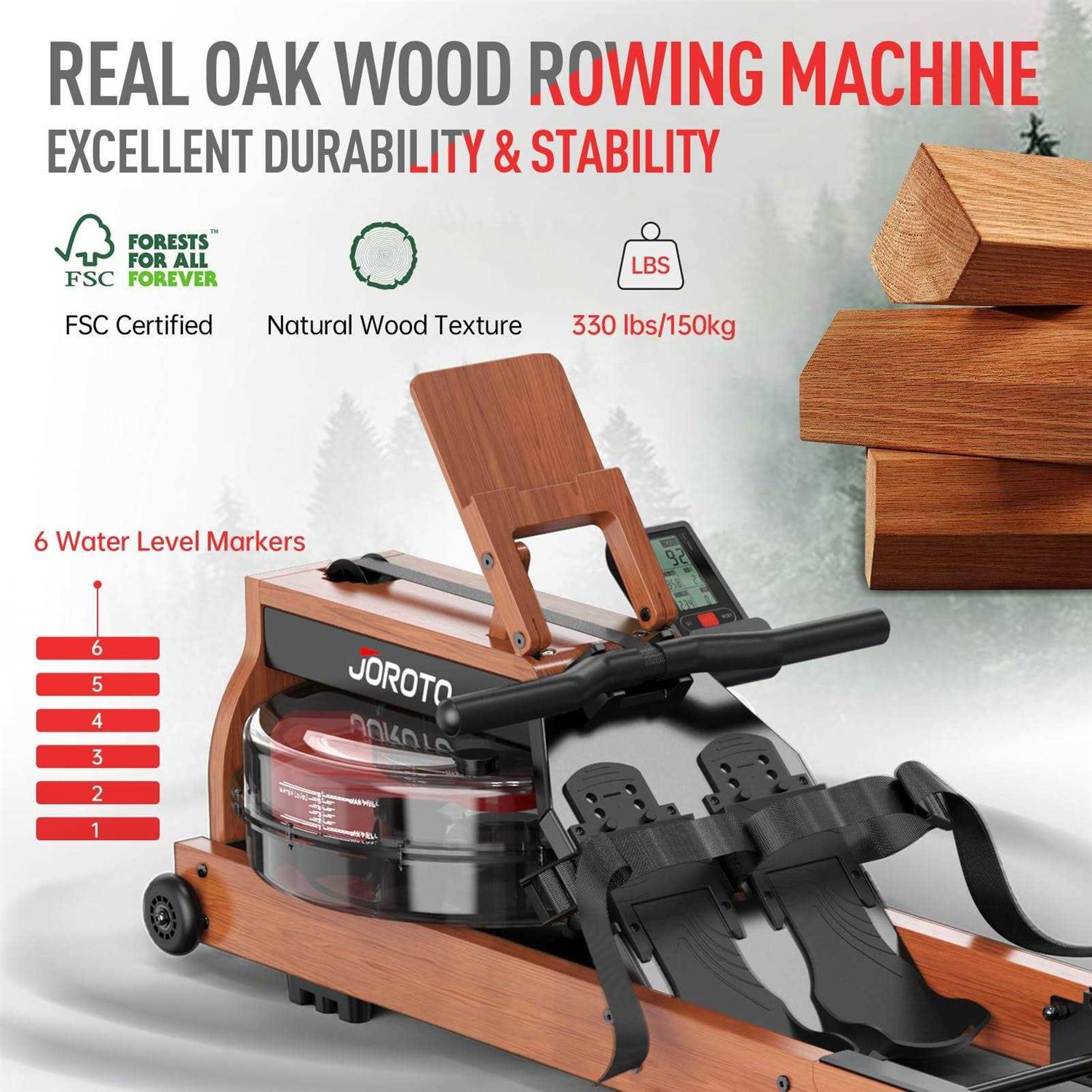 JOROTO Water Rowing Machine for Home Use Oak Wood Foldable Rower Machine 330lbs Weight Capacity with Bluetooth Monitor - Sports Supplies Online Store