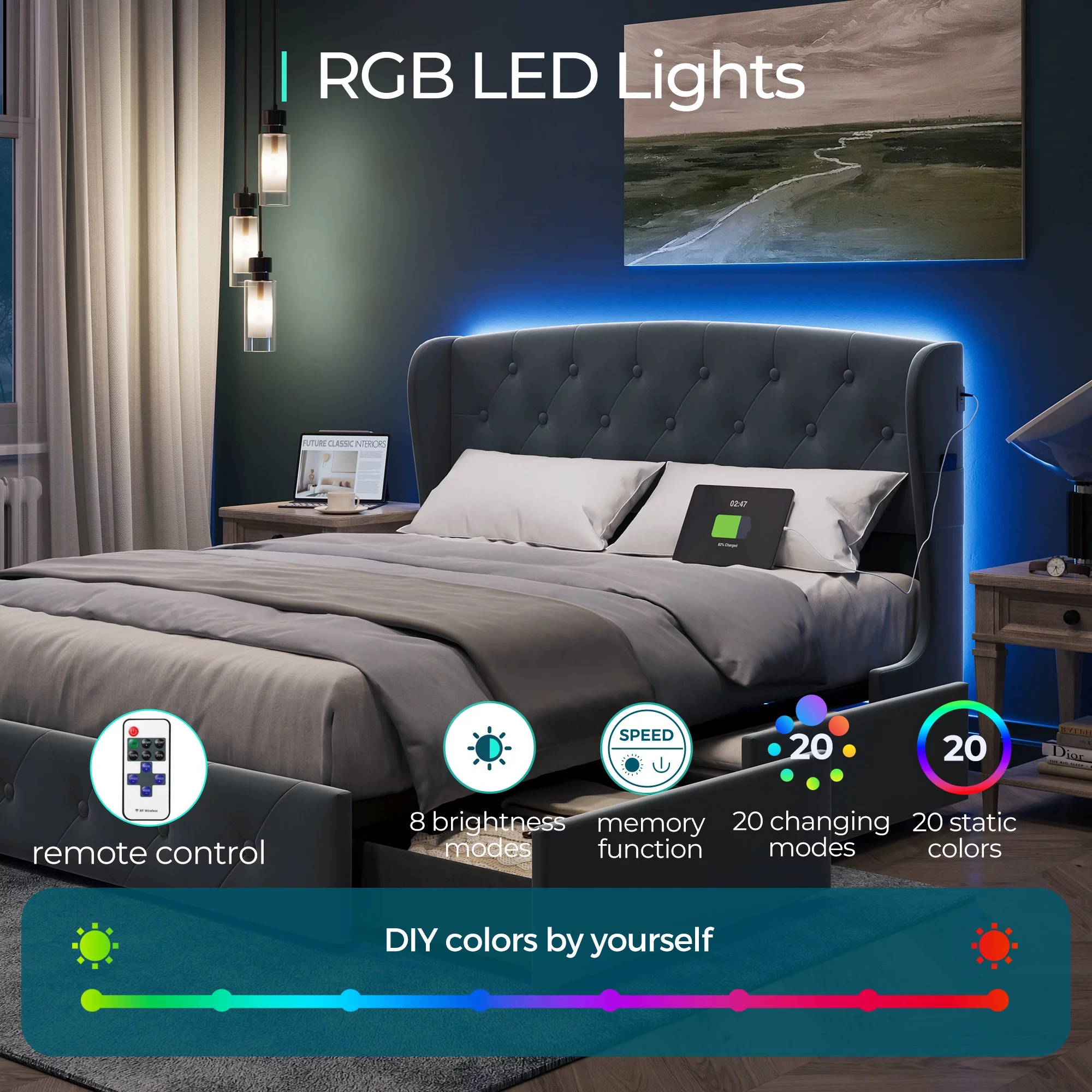Linsy Home Upholstered Queen Size Platform Bed Frame with Headboard and 4 Storage Drawers, Storage Bed with Remote RGB Lights & Fast Charger