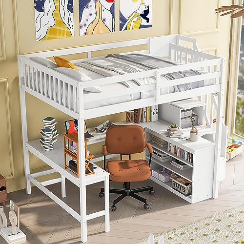 Full Size Loft Bed with Desk & Wardrobe, Solid Wood Kids Loft Bedframe w/3 Storage Drawers & 2 Shelves, Maximum Space Design, for Bedroom, Dorm, Gray