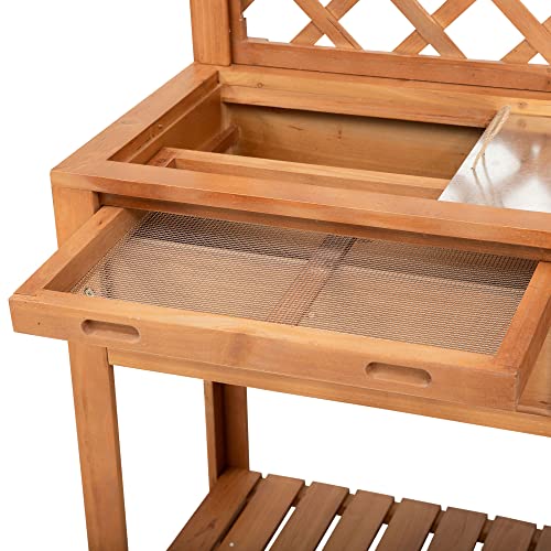 Outsunny Garden Potting Bench, Outdoor Wooden Workstation Table w/Metal Screen, Drawer, Hooks, Storage Shelf, and Lattice Back for Patio