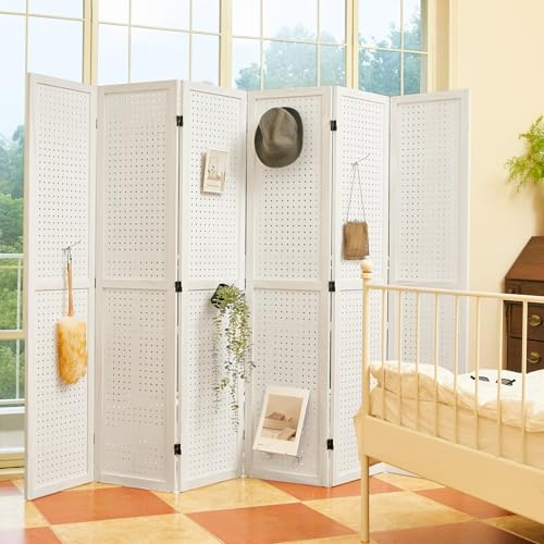 Pegboard Display, 5.6Ft Wooden Room Divider Folding Privacy Screens Portable Freestanding Wall Organizer for Retail Craft Art Display Board (4panels
