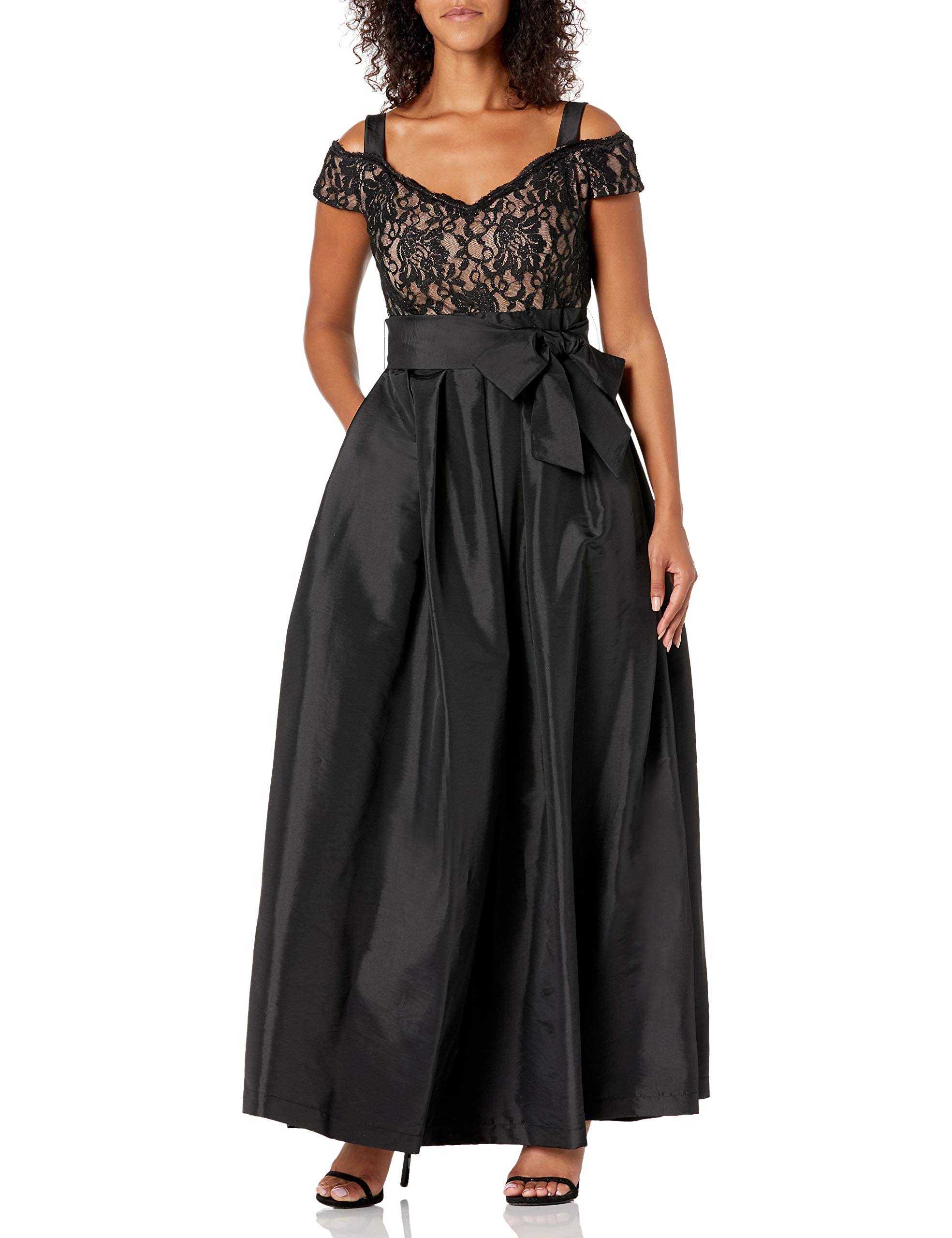 R u0026 M Richards Lace Cold-Shoulder Gown - 12 / Black Taupe