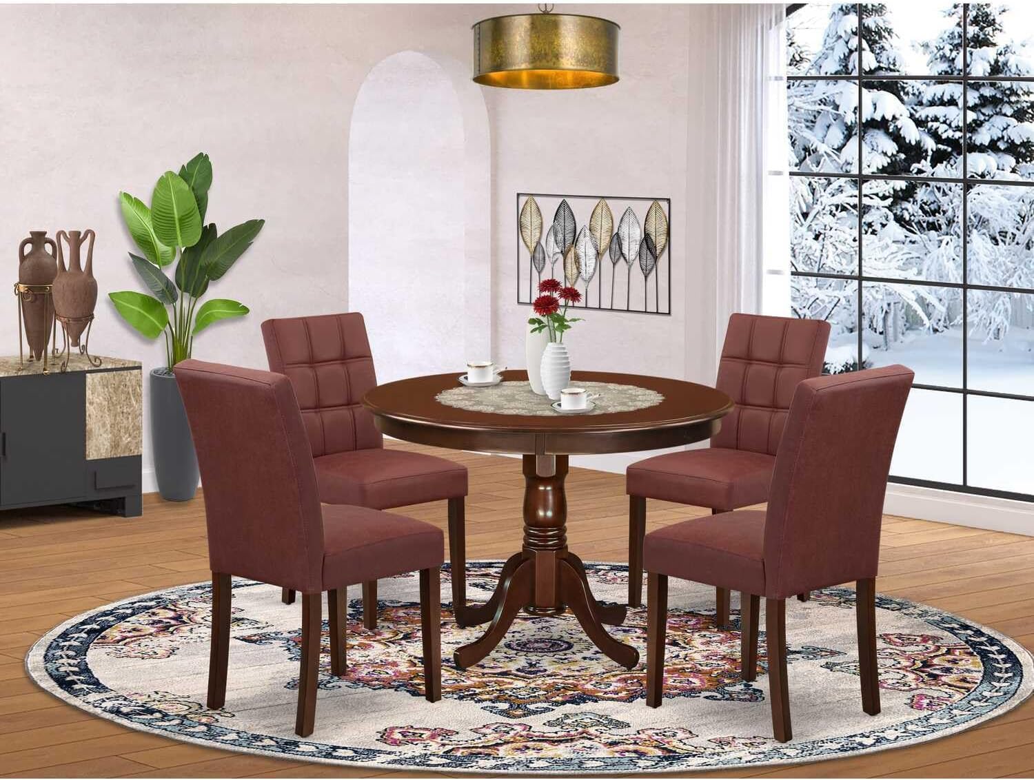 Natural Beauty 5 Piece Dining Set includes A Round Kitchen Table with Pedestal and 4 Chairs, Mahogany