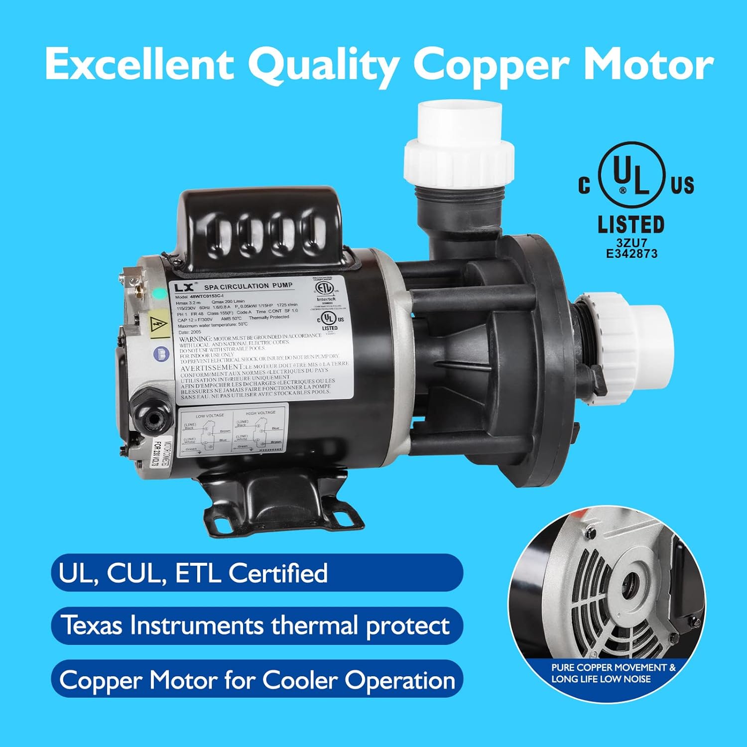 SPA Circulation Pump, Single Speed Hot Tub Circulating SPA Pump for Replacement OEM Mode, 0.25HP (115V or 230V), 1.5"Port (Model: 48WTC0153C-I)