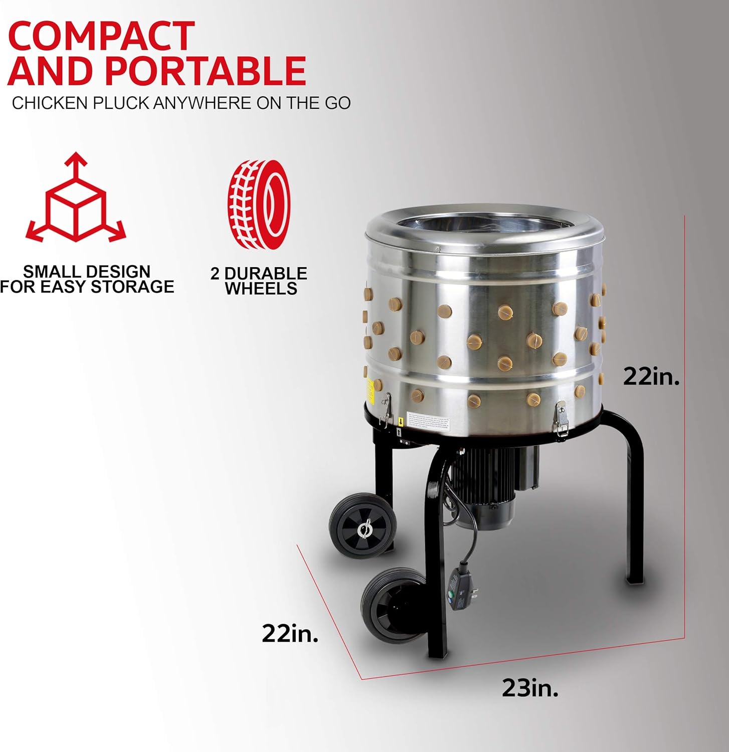 Kitchener Chicken Plucker De-Feather Remover Poultry and Fowl Food Processor Electric Stainless Steel Heavy Duty 1HP 120VAC 280RPM GFCI Connector 92